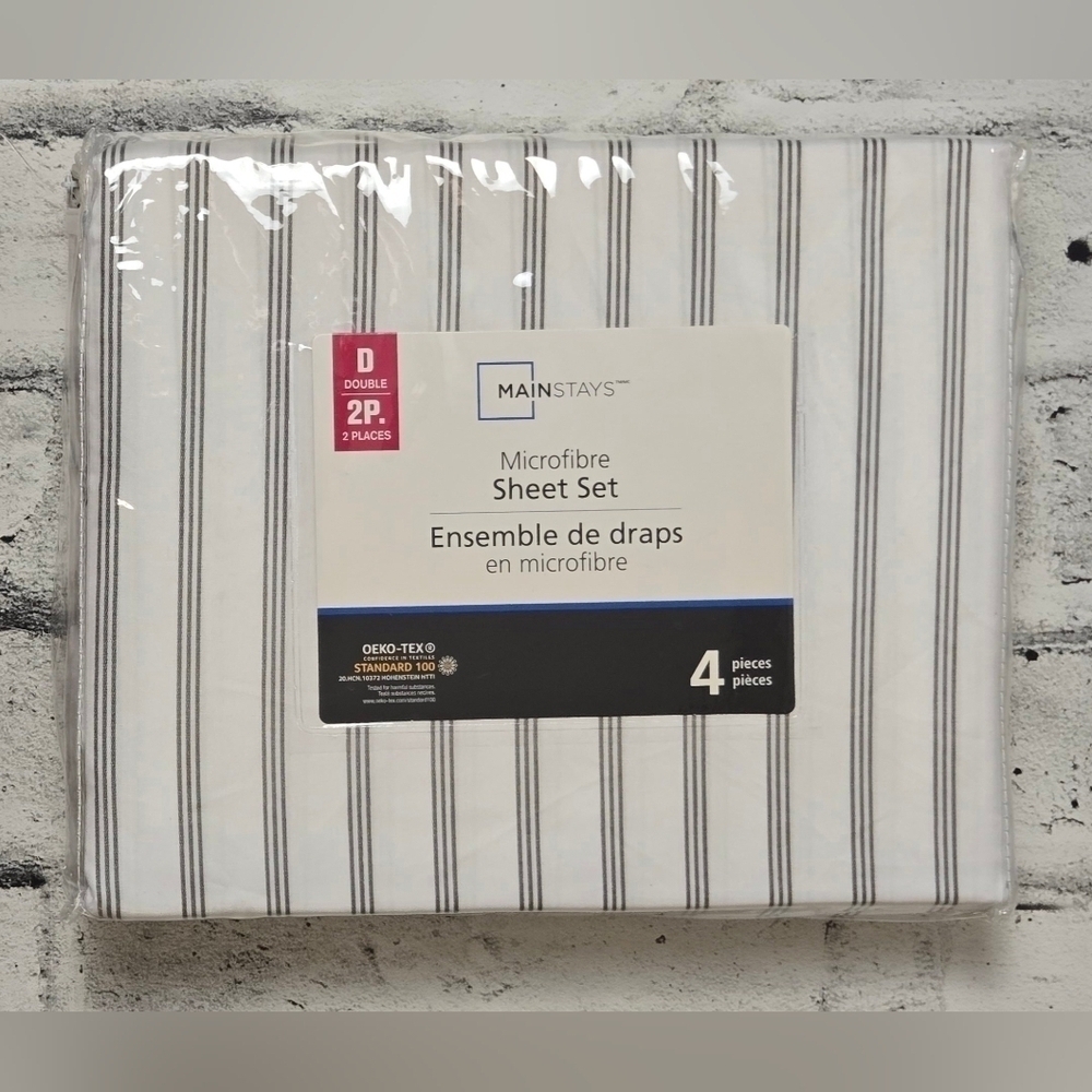 Mainstays Microfiber Grey & White Striped Full/Double Sheet Set NWT Bedding